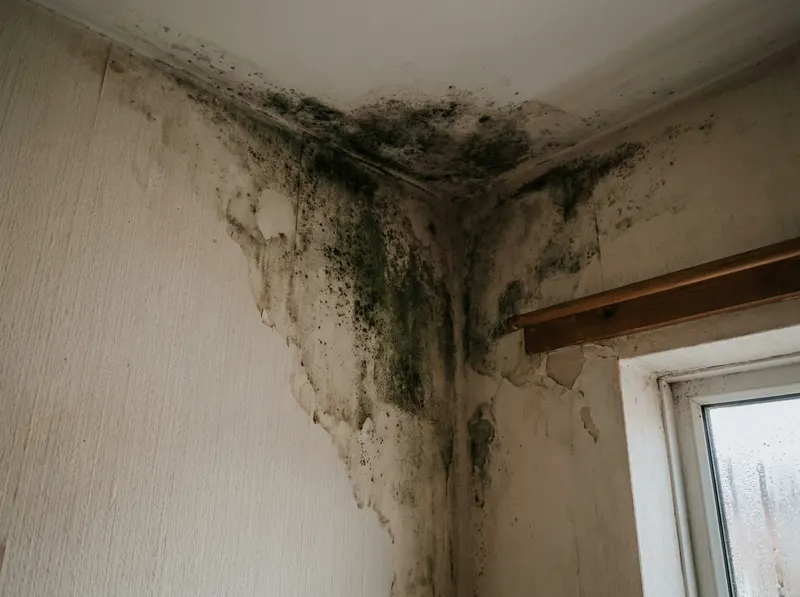 Severe black mould and damp spreading across the corner of a rented home